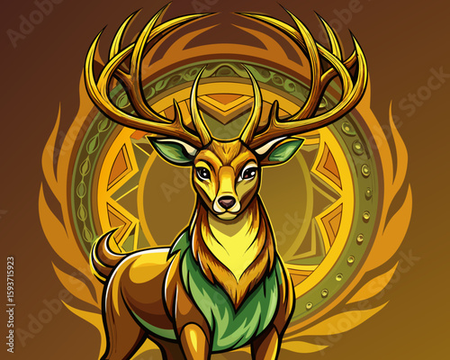Majestic deer with ornate antlers and tribal background