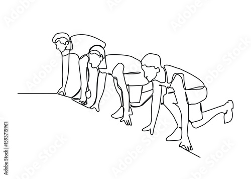 Continuous one line art of group of male and female worker gets ready on starting line to do sprint race together. 