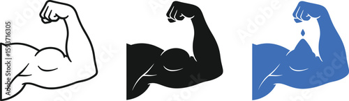 Three biceps flexing in line art black and blue on a white background