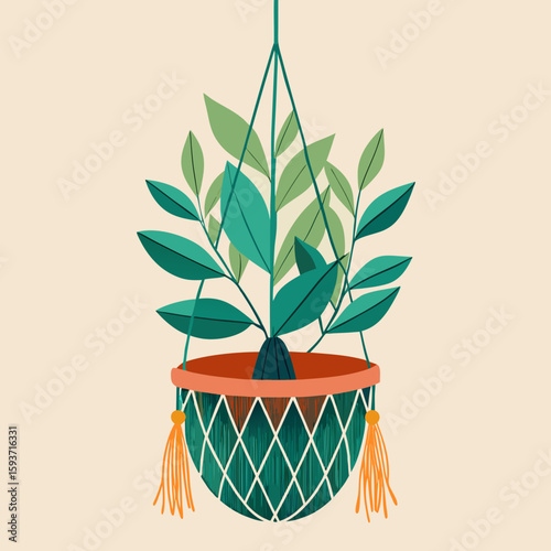 Hanging plant in a decorative macrame pot with orange tassels