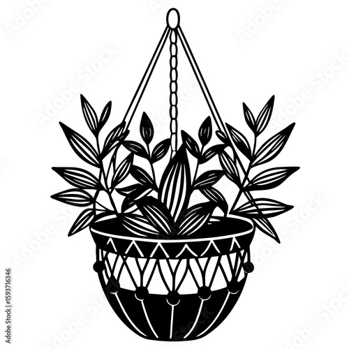 Black and white illustration of a hanging plant in a decorative pot