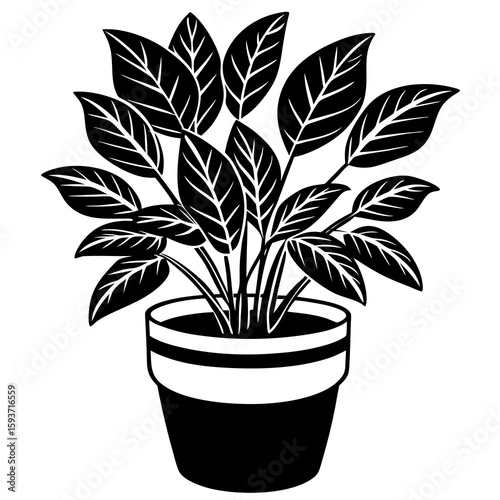 Stylized black and white potted plant silhouette