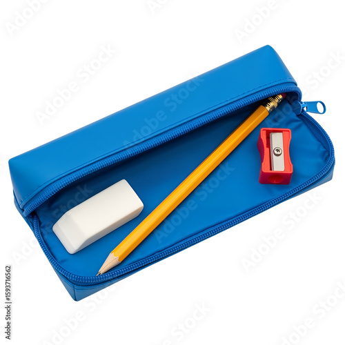 School Supplies Pencil Sharpener Eraser and Pencil Inside Blue Pencil Case