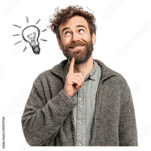 Creative Man with Light Bulb Idea on Transparent Background