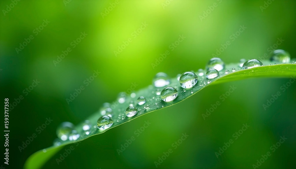 Macro Water Droplets on Bright Green Leaf Macro Water Droplets on Bright Green Leaf