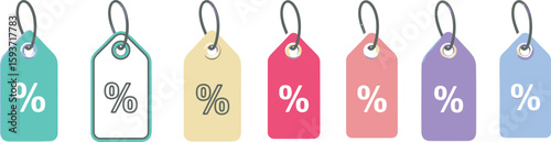 Seven colorful price tags with percentage signs isolated on white background