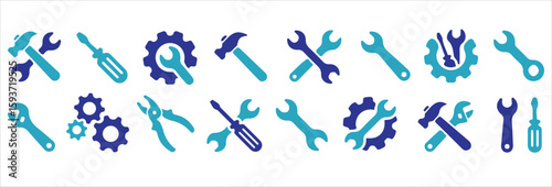 Construction Tools Icon Set - Screwdriver, Wrench, Gear for Maintenance & Service