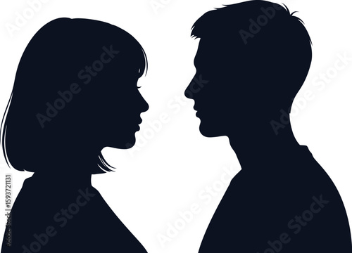 Silhouette of a man and woman facing each other with white background