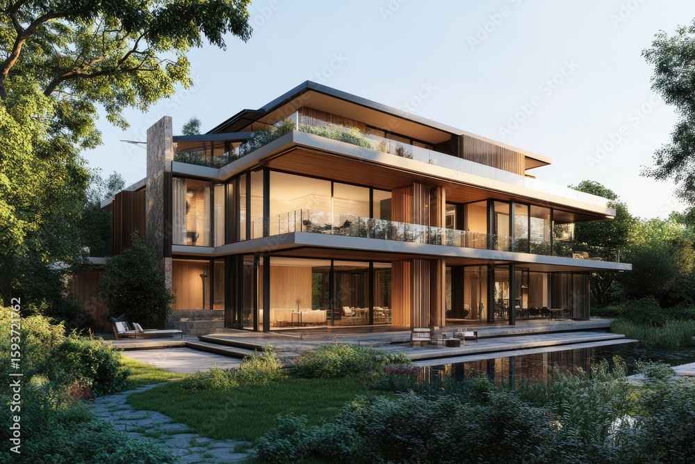 Fototapeta premium Modern luxury home nestled in lush greenery