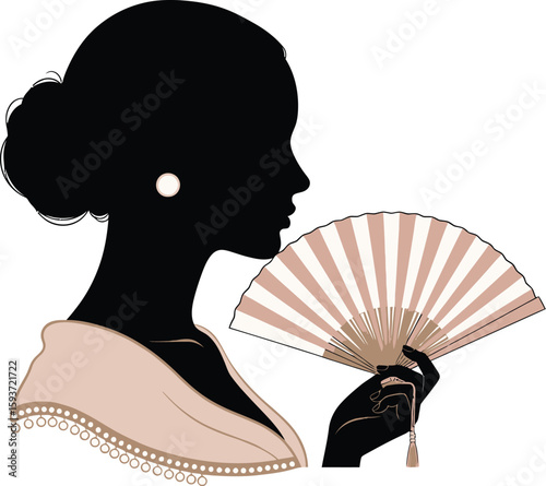 Silhouette of woman with fan and shawl in profile view illustration
