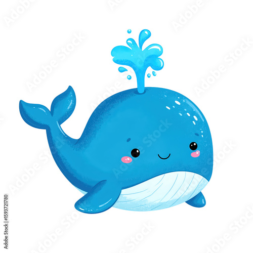 Cute cartoon blue whale with water splash on head, smiling marine animal illustration, cheerful aquatic creature character, adorable ocean mammal drawing