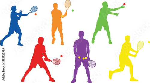 Colorful silhouettes of tennis players in various action poses sport