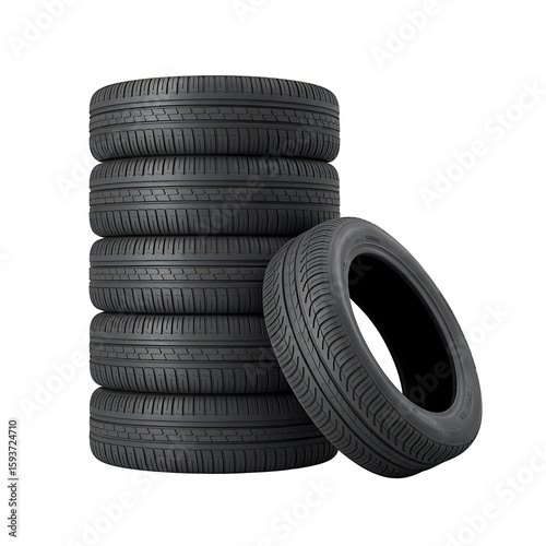 Stack of Black Car Tires with Realistic Tread Pattern Isolated on Transparent Background. High quality PNG file