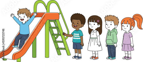 Cartoon illustration of children playing on a slide at the playground