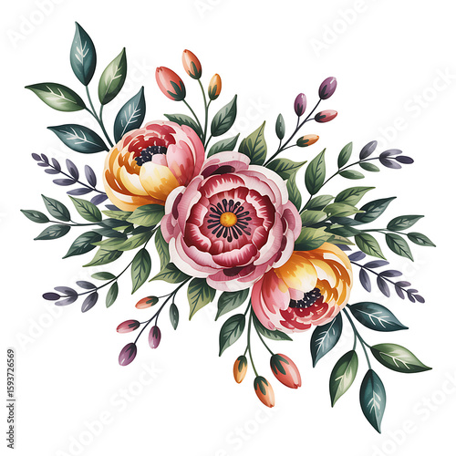 Elegant Watercolor Floral Bouquet with Peonies and Green Leaves – PNG Transparent Background