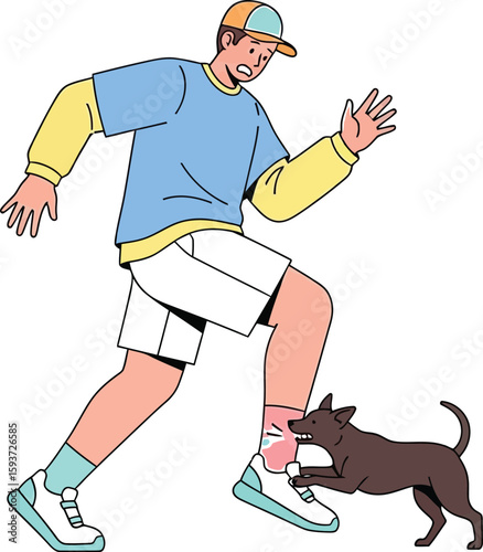 Man running away from dog biting his ankle in a cartoon illustration