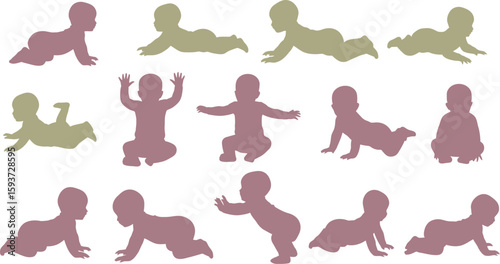 Baby silhouettes in various poses on a light blue background pattern