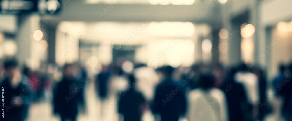 Fototapeta premium Blurred crowd of people walking inside a building with columns and high ceiling.