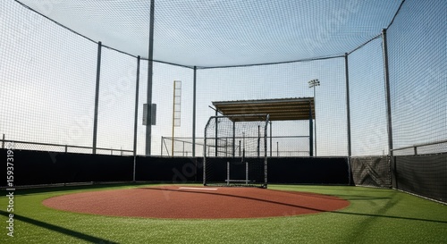 Baseball batting cage with home plate and dugout bench on a sunny day