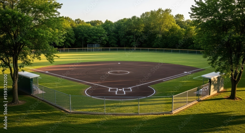 Obraz premium A Sunny Day Batting Practice On A Baseball Field Surrounded By Lush Green Trees