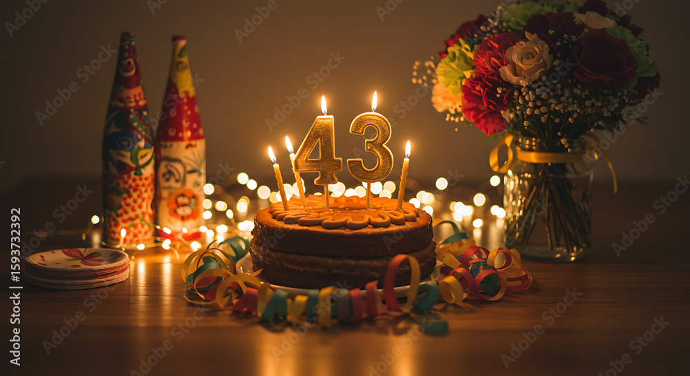 Fototapeta premium Illuminated Forty-Three Birthday Cake, Candles, and Celebration Glow