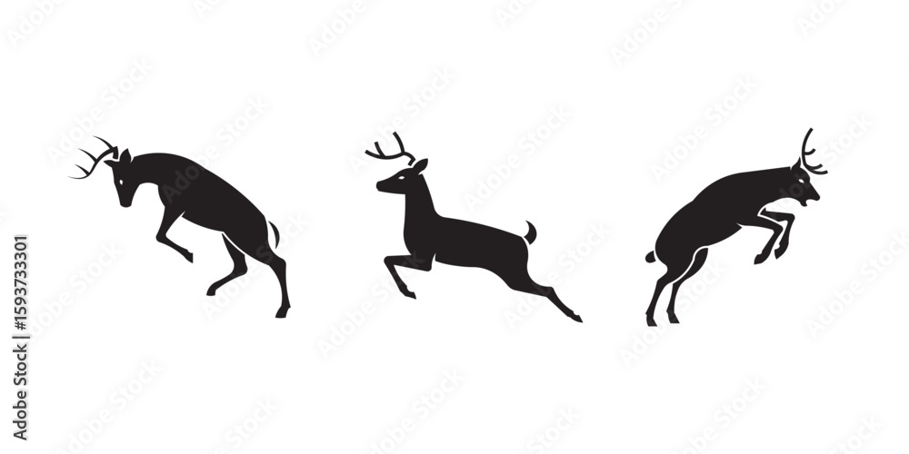 Fototapeta premium Set of Black deer silhouette logo jumping, deer icon vector