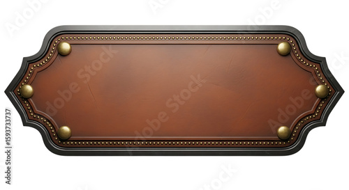 Ornate antique leather and metal plaque with decorative gold trim isolated on transparent background