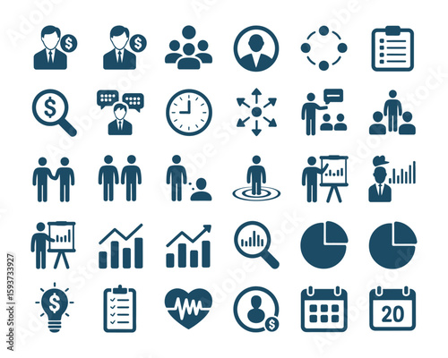 management icons, blue color, teamwork, leadership, finance