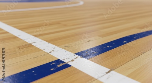 Close up of a polished wooden basketball court with blue and white lines