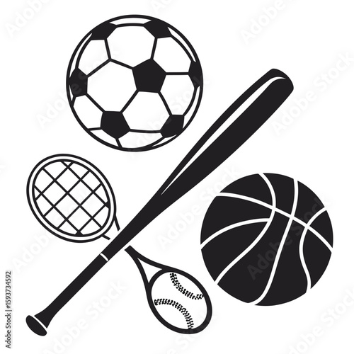 Sports equipment collection soccer basketball tennis baseball soccer ball tennis racket