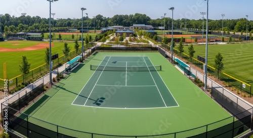 Bright Sunny Day Overlooking Pristine Tennis Courts Surrounded by Lush Green Trees and Sports Fields
