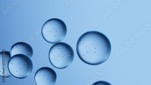 Abstract floating spheres in soft blue light. Modern background for beauty industry