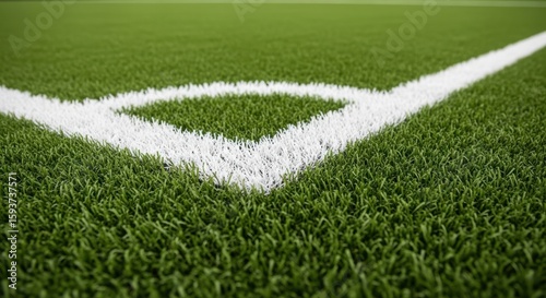 Close up on a clean white corner flag marking on a vibrant green artificial turf football pitch