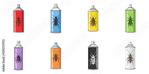 Multiple vector illustration of spray with printed cockroach picture, insecticide