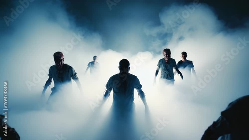 Silhouettes of a Zombie Horde Standing and Limping Through Dense Fog in an Empty Space