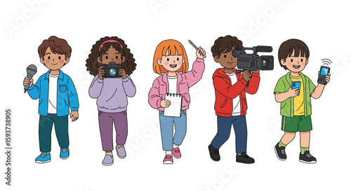 Cartoon children holding media equipment in a row on white background