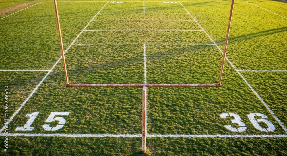 Obraz premium American Football Field Goalposts And Yard Markers On Grassy Sports Turf