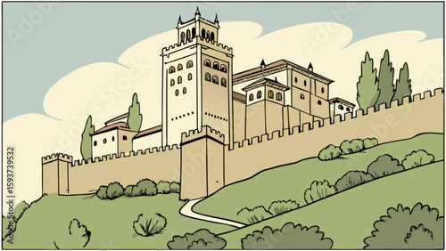 Cartoon alhambra palace granada spain drawing illustration scenic view of historical landmark and architecture