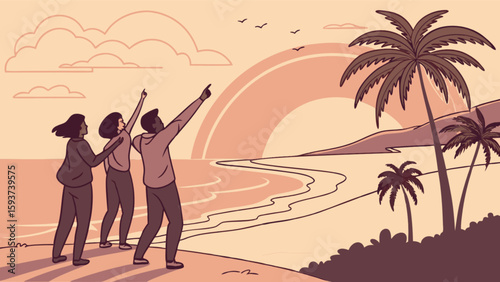 People enjoying sunset beach vacation with palm trees and ocean view illustration for travel and tourism ads