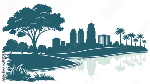 City skyline silhouette with nature landscape reflection vector illustration for design needs 100 chars