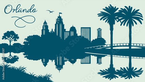 Orlando florida skyline vector silhouette with lake reflection travel destination tourism and landmarks