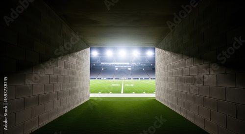 Players emerge from dark tunnel onto brightly lit football field ready for game