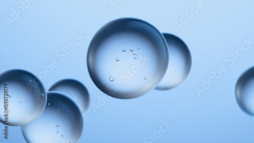 Clean blue background with transparent spheres. Conceptual image for beauty.
