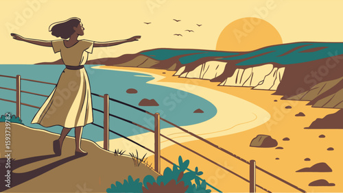 Woman enjoying ocean view at beach landscape illustration with sunset and cliffside coastal scenery art