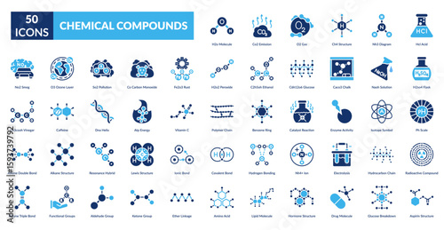 Chemical Compounds Fill Icon Set. H2O Molecule, Co2 Emission, O2 Gas, Ch4 Structure, Nh3 Diagram, Hcl Acid, H2So4 Flask