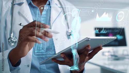 African American Doctor in White Coat Examining Holographic Human Body with Tablet and Stylus in Bright Modern Office Environment