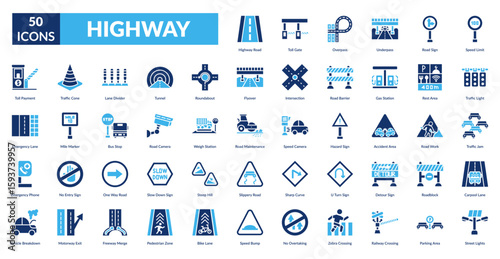Highway Fill Icon Set. Highway Road, Toll Gate, Overpass, Underpass, Road Sign, Speed Limit, Traffic Light