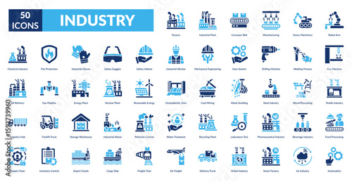 Industry Fill Icon Set. Factory, Industrial Plant, Conveyor Belt, Manufacturing, Heavy Machinery, Robot Arm, Cnc Machine