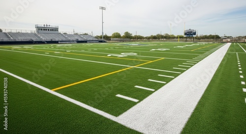 American Football Field with Yard Lines and Stadium Seating Under a Clear Sky