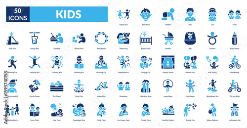 Kids Fill Icon Set. Happy Kid, Baby Face, Toddler, Boy, Girl, Twins, Baby Bottle